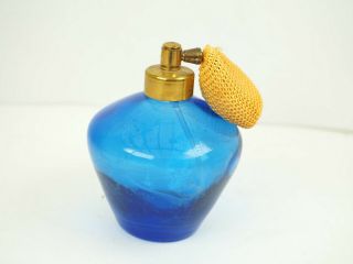 Vintage 1950s Cobalt 3.  5 " Blue Glass Perfume Bottle Fabric Atomizer Brass Top