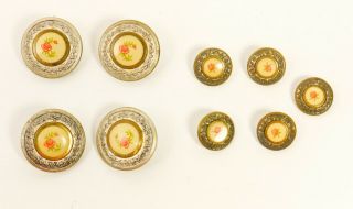 9x Vtg Metal Buttons W/ Hand Painted Rose Enamel Centers 4x Large 5x Small Vguc