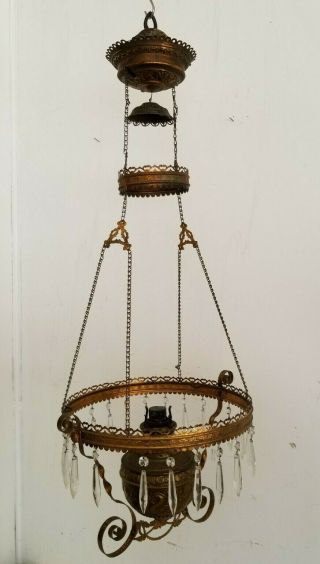 Antique 1890 Haida Victorian Brass Hanging Parlor Library Oil Lamp W/ Crystals
