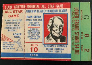 1956 Baseball All Star Game Ticket W/ Stub Washington D.  C.  Griffith Stadium 1956