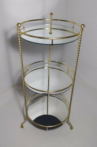 Vintage 3 - Tier Table Gold Metal Mirror Shelf Plant Stand Hollywood Regency Mcm