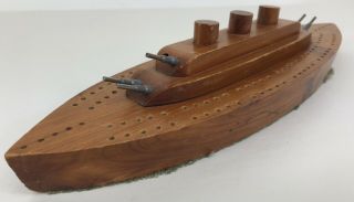 Vintage Cribbage Battle Ship Boat Wood Game Board 12 " Long Folk Art Handmade