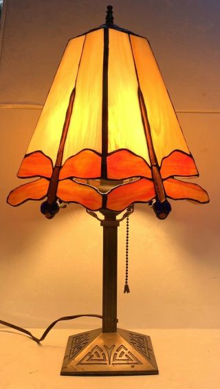 Antique - Eastlake - Jeweled - Stained Glass - Dragonfly - Lamp - Brass - Bronze
