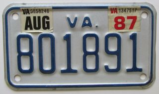 Virginia 1987 Motorcycle License Plate 801891