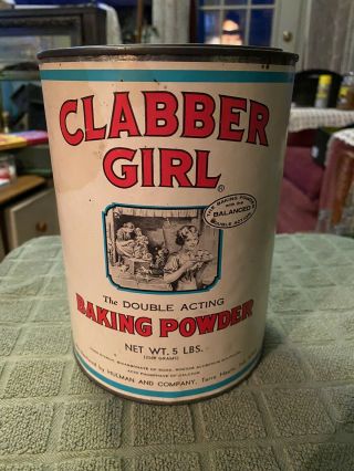 Vintage Empty Clabber Girl Baking Powder 5 Lb.  Tin Container W/paper Label