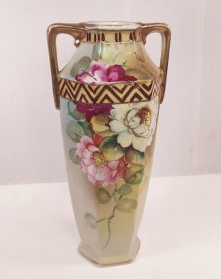 Antique Nippon Porcelain China Hand Painted Floral Flower Vase 9 " Double Handle