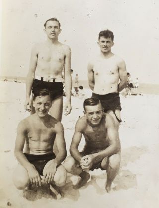 1936 Vtg Photo School Boys Men In Swimsuit Pose At Beach Gay Interest