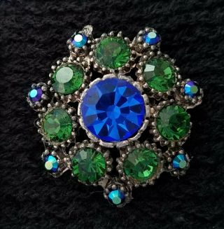 Vintage Rhinestone Circle Brooch Pin Green Sapphire Blue Retro Jewelry