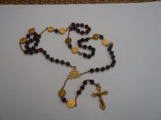 Stunning Antique Vintage Cross Crucifix Rosary Prayer Beads Gold & Ruby Glass