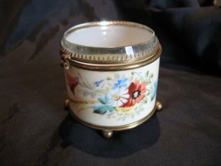 Antique French Hand Painted Porcelain Trinket Box Floral W/beveled Glass