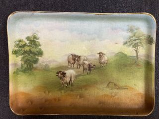 Antique Royal Bayreuth Bavaria Tapestry Dresser Tray W/sheep On Hillside Animals