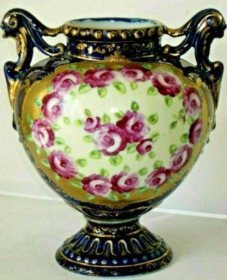 Antique Vtg Nippon Hand Painted Flower Rose Gold Cobalt Blue Porcelain Urn Vase