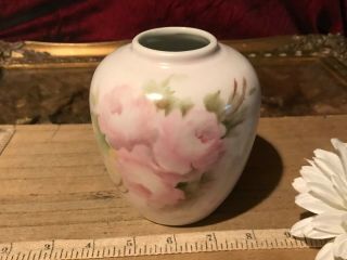 Vintage Porcelain Hand Painted Pink Roses Vase Signed 4 1/2 " X3 1/2 "