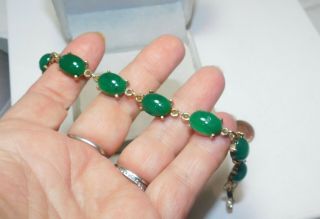 Vintage Gold Tone Jade Green Glass Cabochon Scarab Style 7 " Bracelet 3a 52