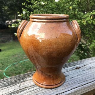 Antique Redware Pottery Jar Reddish Brown Glaze Double Rim With Applied Handles