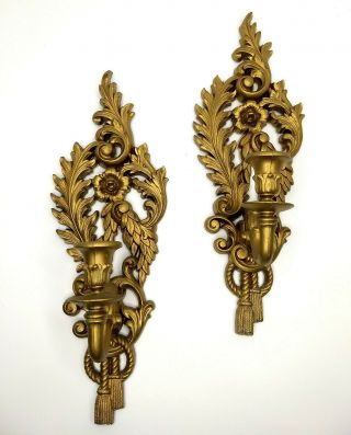 Vintage Burwood Homco Hollywood Regency Candle Gold Wall Sconces Pair Usa 14 "