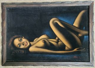 Vintage Nude Woman Black Velvet Painting Girl Pinup Signed Retro Large 27 X 39