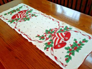 Vintage White Christmas Table Runner With Bells And Holly Design