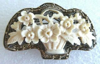 Antique Vintage Chinese Export Silver Filigree Carved Bovine Bone Flower 2 " Pin