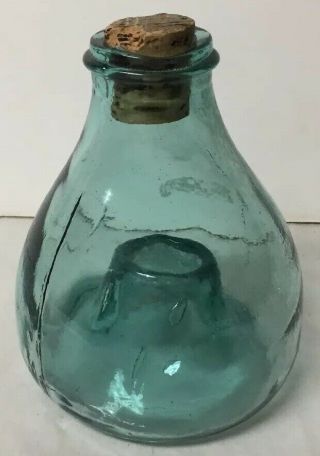 Antique Fly Trap Blueish Green Glass Catcher Wasp Insect Bug Moth W/ Cork