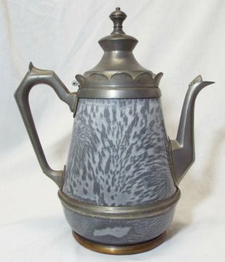 Old Antique Graniteware Mottled Gray Teapot Coffee Pot Scalloped Top Pewter Trim