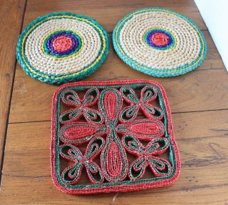 Vintage Colorful Wicker Straw Hot Pot Holder Woven Trivets Pads Set Of 3