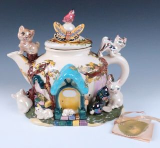 Vintage 1980 Artist Signed Cat Teapot Ceramic Pottery Kittens Figural House