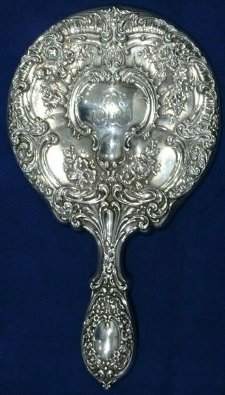 Antique Gorham Sterling Silver Buttercup Repousse Hand Mirror Monogramed