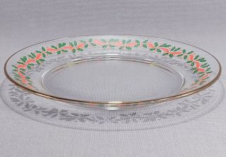 Vintage Christmas Holiday Clear Salad Plate With Holly And Gold Trim 8 "