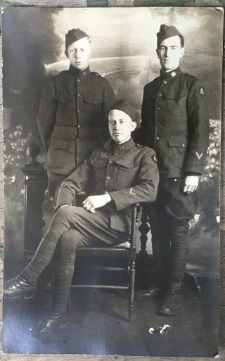Ww1 Vintage Rppc Photo Three Us Soldiers Doughboys Pose