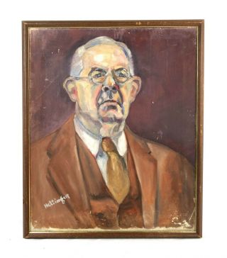 Vintage Mid Century Modern Art Oil Painting Portrait Of Man Gentleman Signed