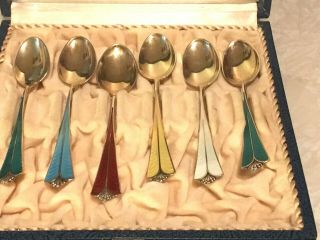 Six Norway David Andersen Gold Wash 925s Enamel Demitasse Spoons In Hinged Box