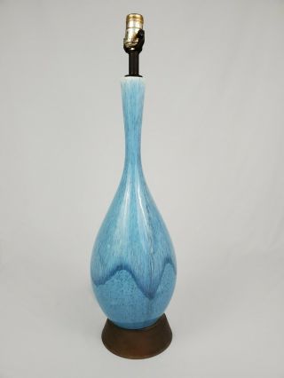 Mid - Century Danish Modern Blue Drip Glaze Ceramic Pottery Lamp Atomic Vintage