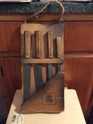 Vintage 4 Olde Old Forge Forgecraft Hi Carbon Steel Knife Set With Block/holder