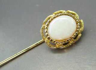 Vintage Gold Tone Stick Pin Brooch Hat Lapel Filigree Frame Opal Stone White