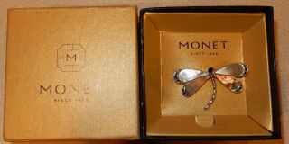 Vintage Monet Dragonfly With Abalone Shell Rhinestone Silver Tone Brooch / Pin