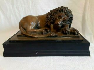Sleeping Lion After Canova - Art Sculpture Composition On Wooden Base Vintage