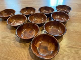 Vintage Set Of 10 Woven Wood Rustic Salad Bowls,  6” Parquet Bowls