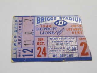 Oct 24,  1948 Detroit Lions Vs La Rams Ticket Stub