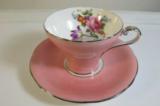 Vintage Aynsley England Silver Pink Rose Bouquet & Background Tea Cup & Saucer