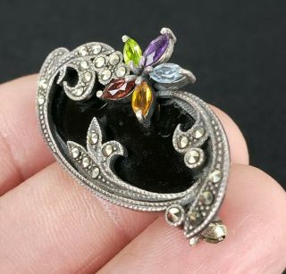 Vintage Sterling Silver Marcasite & Paste Stone Brooch Pin