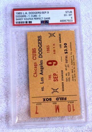 Sept.  9th L.  A.  1965 Dodgers Ticket Stub Sandy Koufax Perfect Game PSA 6 EX - MT 2