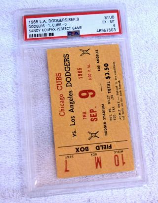 Sept.  9th L.  A.  1965 Dodgers Ticket Stub Sandy Koufax Perfect Game PSA 6 EX - MT 3