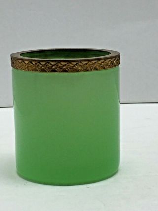 Antique French Jade Green Opaline Glass Cigarette Holder / Container Ormolu Rim