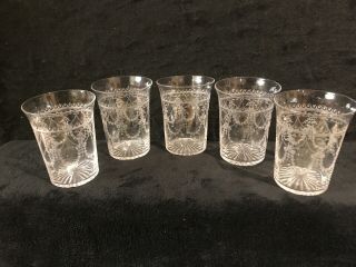 Set Of 5 Antique Etched Glass Crystal Tumblers W/ Garland And Flowers - 770