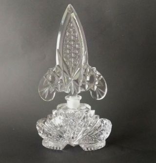 Vintage Cut Crystal Perfume Bottle Fleur De Lis Stopper Hand Cut Hobstar 9 " Tall