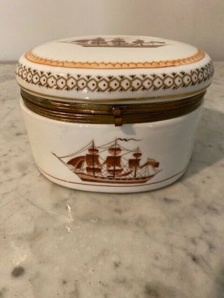 Antique Porcelain Tea Caddy,  Decorated With Hand - Painted Schooner Ships