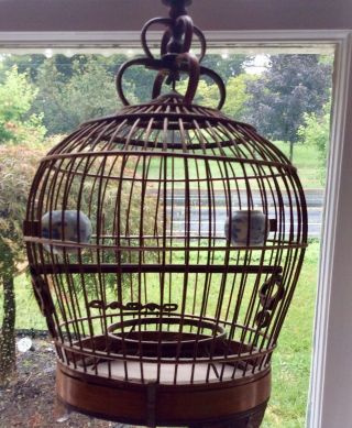 Antique Rosewood,  Brass,  Porcelain Asian Bird Cage