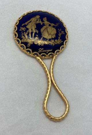Vintage Limoges Porcelain Signed Hand Mirror Cobalt Blue Gold Plated 4 - 3/4”