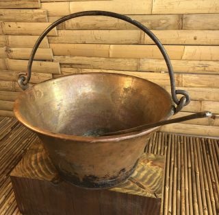 Antique Copper Kettle/cauldron/pail/bucket W Solid Brass Handle,  12 " Rd.  W/ladle